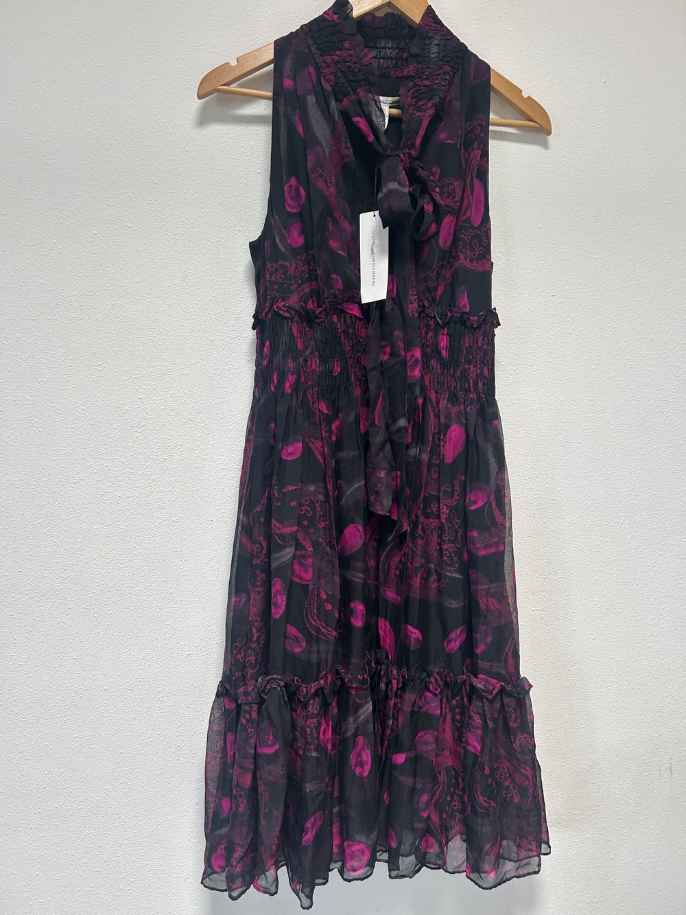 Diane Von Furstenberg Black & Magenta Floral Tie-Neck Midi Dress